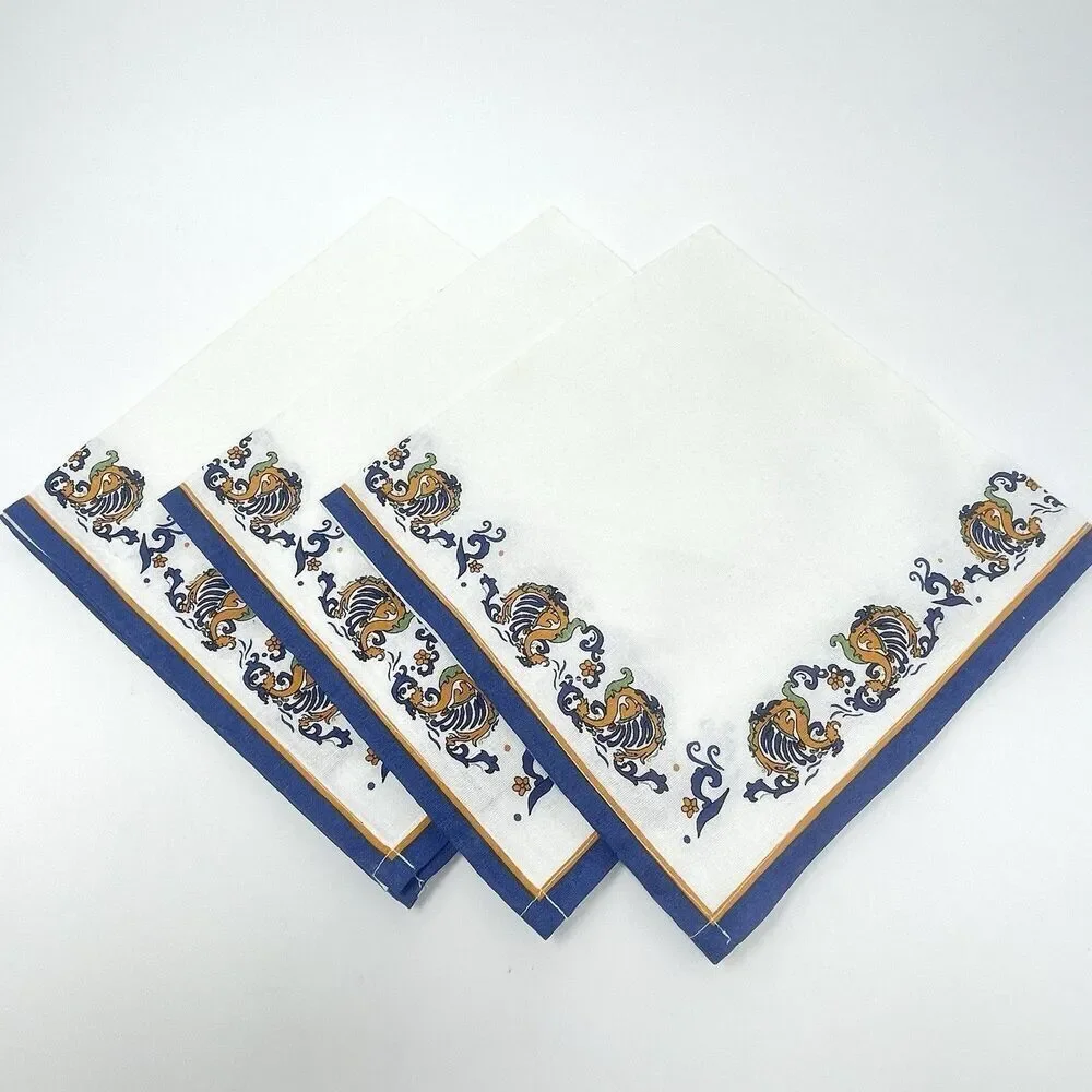 NWT Williams Sonoma Set Of 3 Napkins Deruta Dragon White Blue (Flaw On 1)